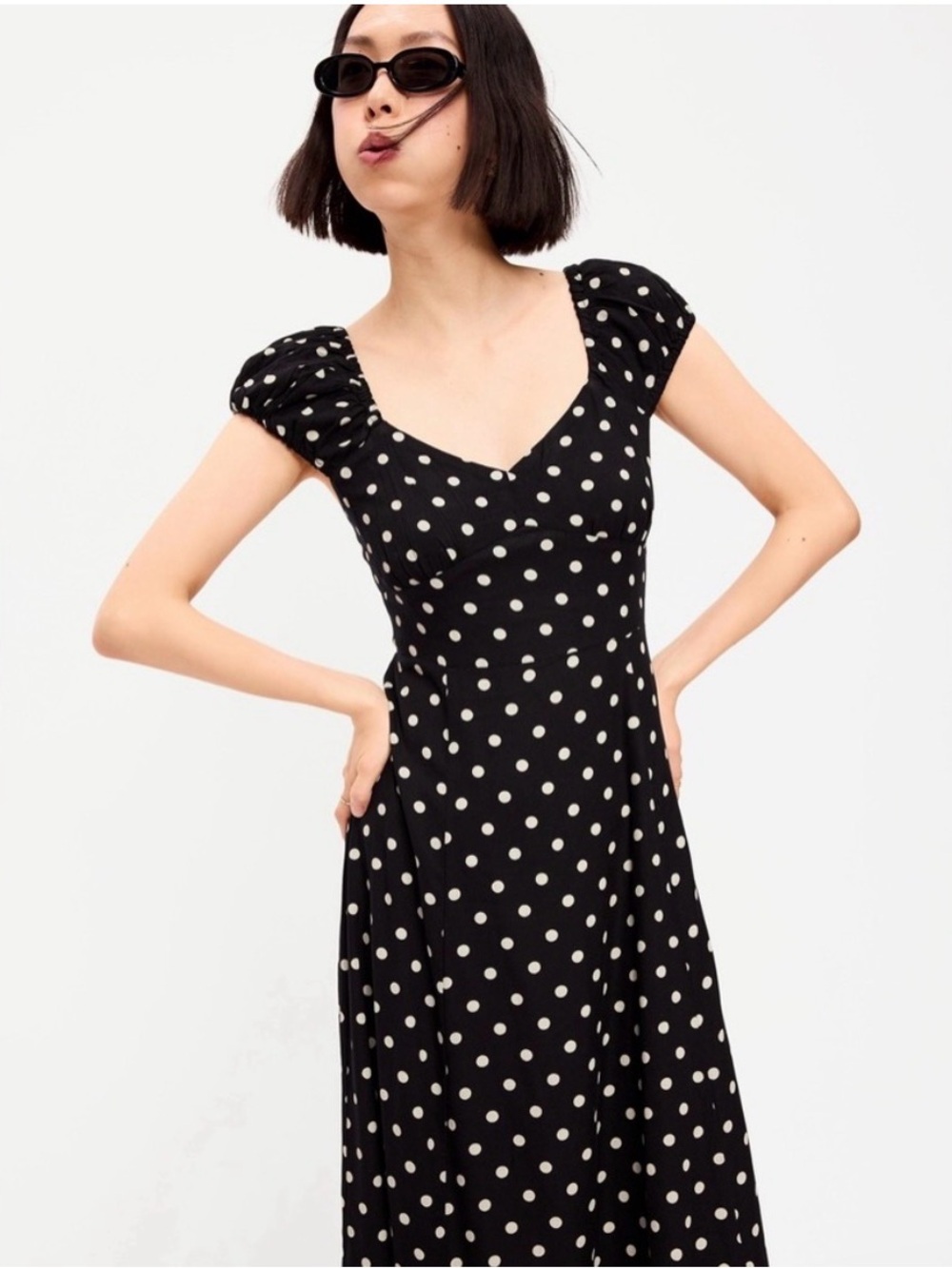 OLD NAVY | Black Polka Dot Short Sleeve Fit & Flare Midi Dress Size S Petite